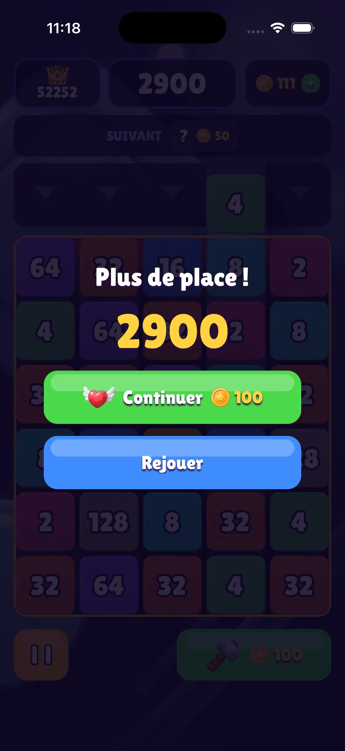 Blokami game over screen with a full board and a Continue button