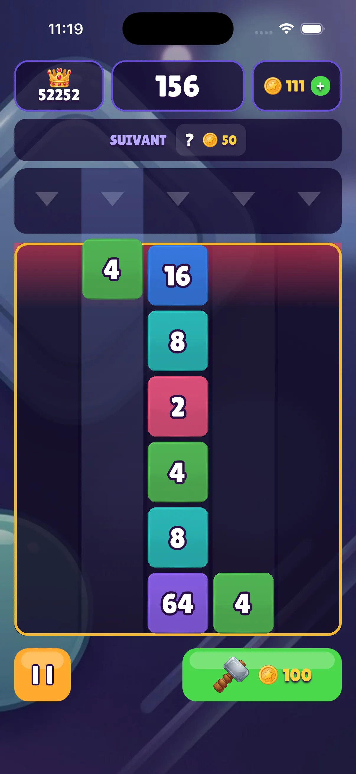 Blokami gameplay: a 2 block falls into a column of numbered blocks
