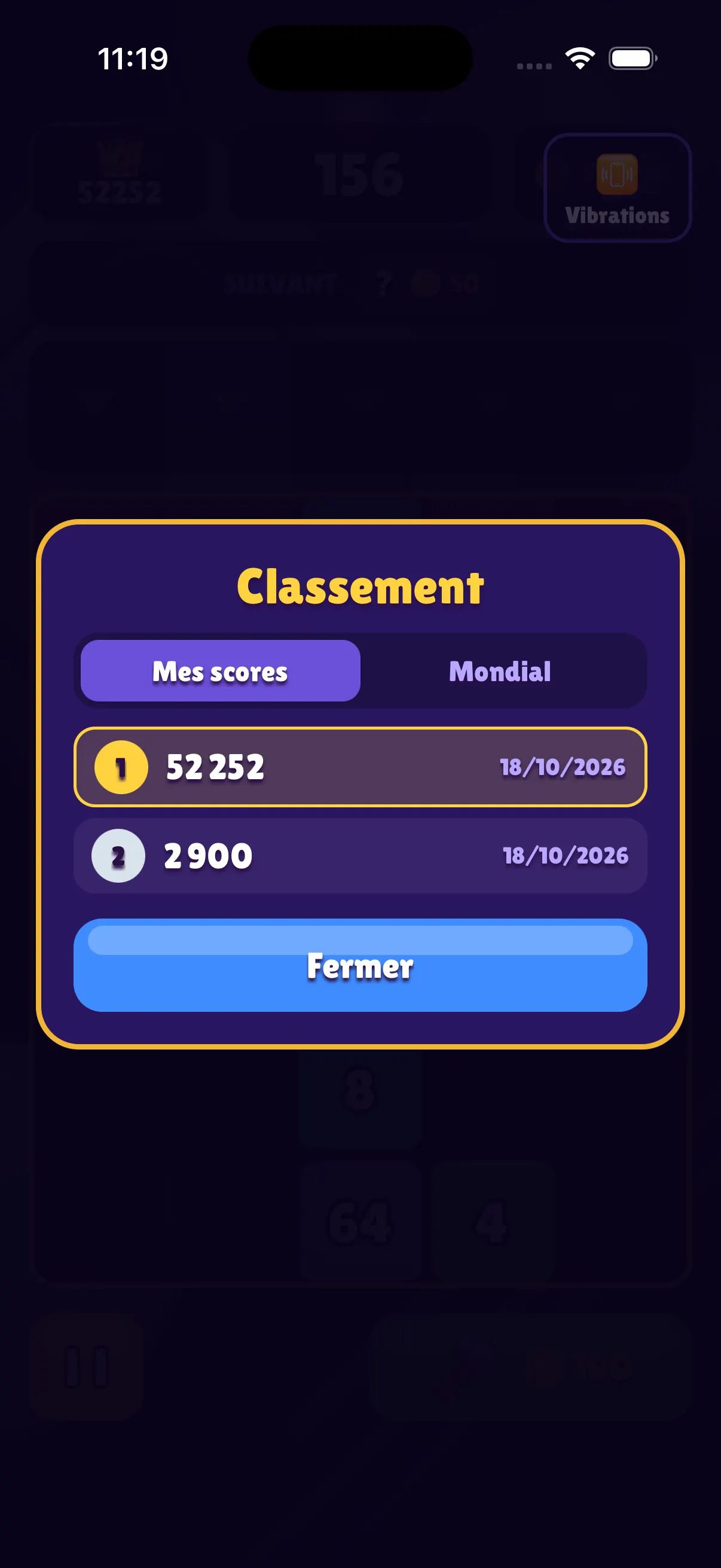 Blokami leaderboard with personal best scores